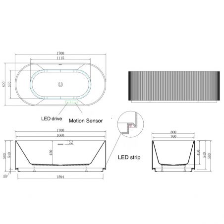 Cada de baie, freestanding, Iluminare Led , senzor miscare,  Acril, ventil  inclus, Alb Lucios, 170x80 cm, Eliza