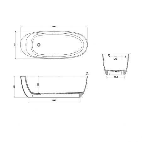 Cada de baie, freestanding, compozit mineral, ventil negru inclus, Negru Mat, 184x76 cm, Giulia