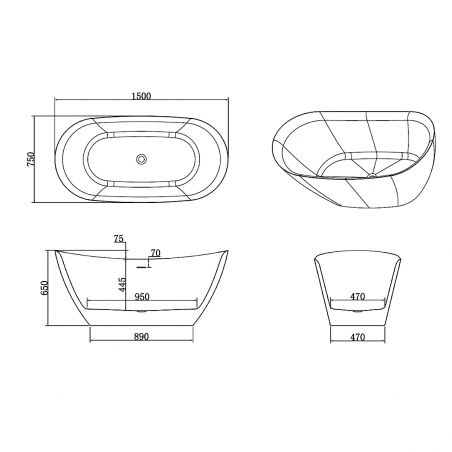 Cada de baie Kevin, Acril sanitar, alb lucios, 150, 160, 170 cm, izolare termica, freestanding