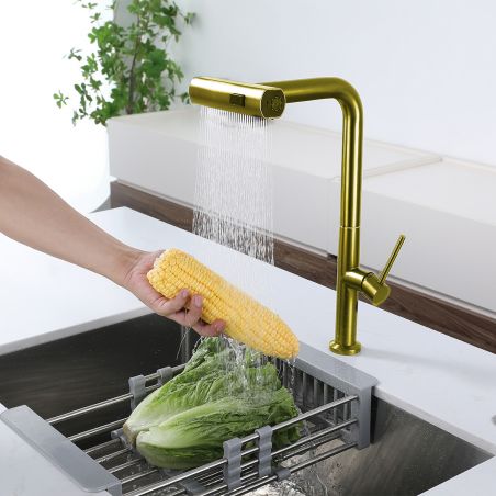 Baterie bucatarie, dus extractabil ,3 tipuri de pulverizare, pipa rotativa 360°, perlator, otel inoxidabil, Auriu Mat, Sahara
