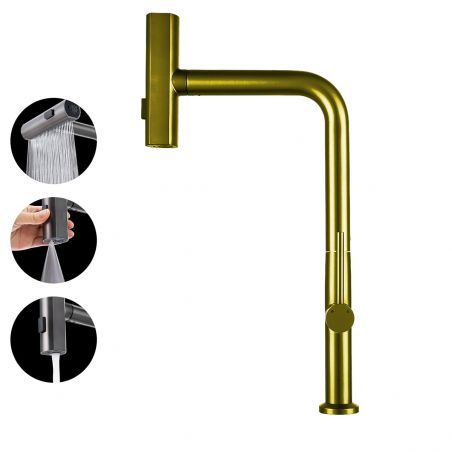 Baterie bucatarie, dus extractabil ,3 tipuri de pulverizare, pipa rotativa 360°, perlator, otel inoxidabil, Auriu Mat, Sahara