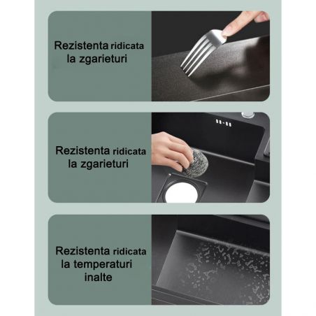 Chiuveta de bucatarie, statie de lucru, Spalator Pahare, Suport Cutite, Vas colectare apa, Gun Black, 85x50 cm, Nico
