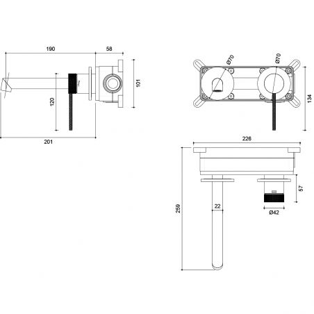 Baterie lavoar, montaj incastrat, Negru Mat, alama, Apolo