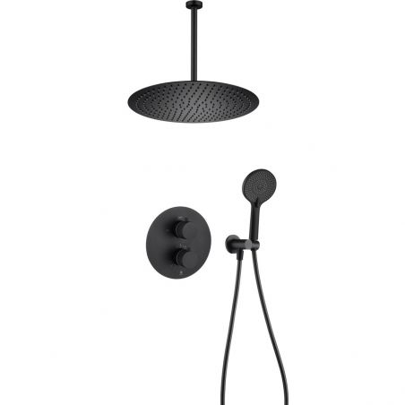 Sistem de dus, baterie incastrata cu termostat, 2 functii, montaj din tavan,  dus tip ploaie, Negru Mat, Apolo