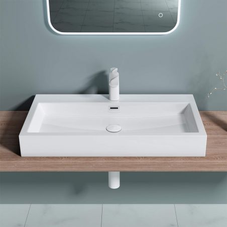 Lavoar EGO 06, Alb, lucios, dimensiuni: 76 sau 100 cm, montaj pe blat sau suspendat, compozit marmura, cu gaura baterie