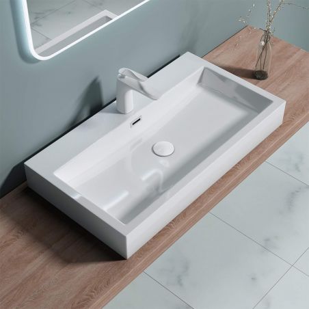 Lavoar EGO 06, Alb, lucios, dimensiuni: 76 sau 100 cm, montaj pe blat sau suspendat, compozit marmura, cu gaura baterie