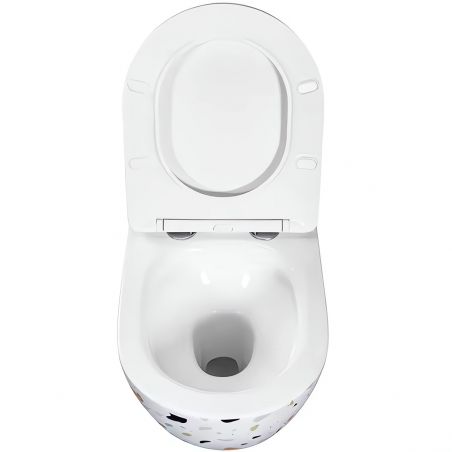 Vas Wc, Alb Terazzo, Rimless, 48x37 cm, montaj suspendat, capac Duroplast slim, ceramica sanitara, Ben