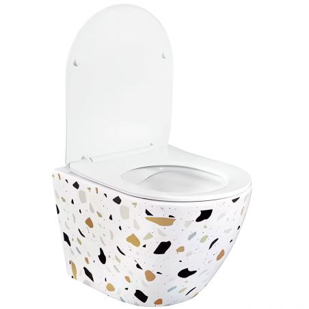 Vas Wc, Alb Terazzo, Rimless, 48x37 cm, montaj suspendat, capac Duroplast slim, ceramica sanitara, Ben