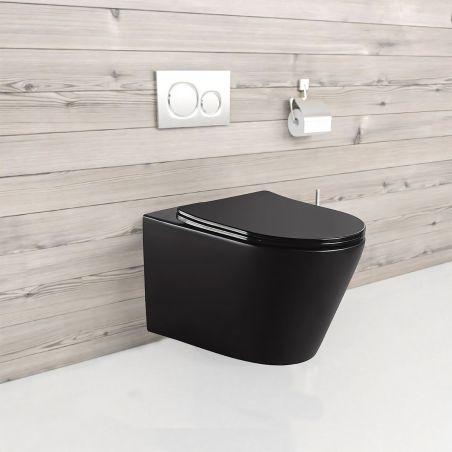 Vas WC EGO Galo Rimless, Negru mat, 53x36 cm, montaj suspendat, capac duroplast slim soft-close inclus
