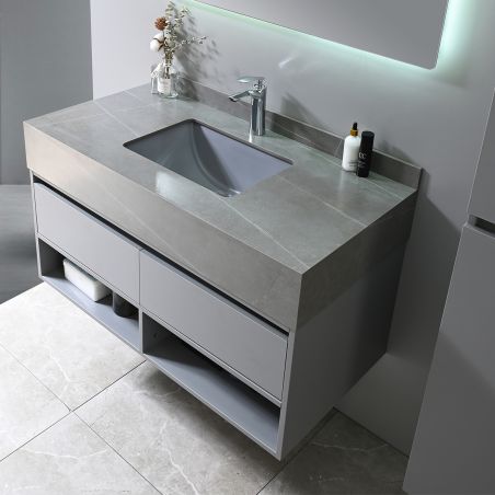 Mobilier cu dulap lateral, lavoar din piatra sinterizata, Mdf, inchidere Soft- Close, 2 sertare, Gri, 100x50x58, Combo