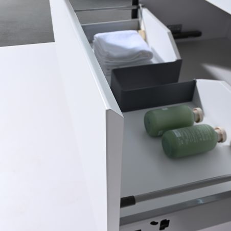 Mobilier baie din PVC cu lavoar din compozit corian, iluminare cu banda Led, inchidere Soft Close, dimensiuni: 90x52 cm, Halo