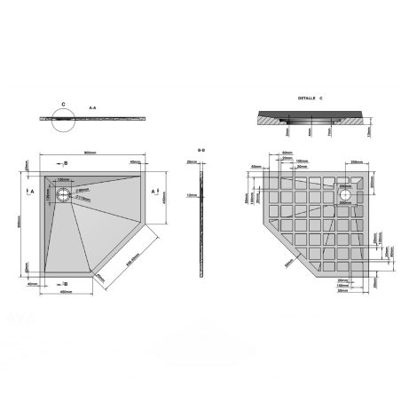Cadita de dus pentagonala, compozit mineral, dimensiuni 90x90 cm, inaltime 2.5 cm, decupabila, Negru, Aurelio