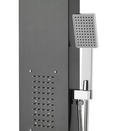 Panel dus, iluminare Led, 5 functii, Cascada, Ploaie tropicala, dus de mana, otel inoxidabil, Negru, Aurora