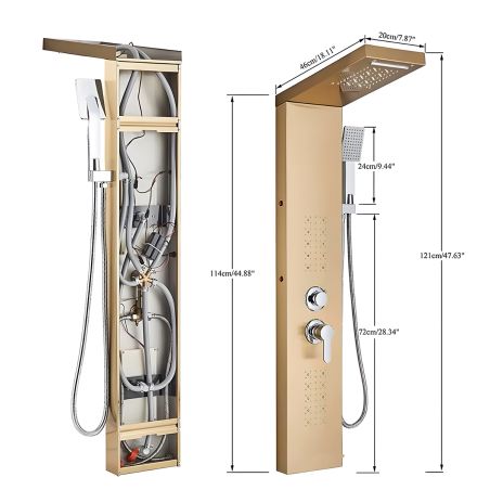 Panel dus, iluminare Led, 5 functii, Cascada, Ploaie tropicala, dus de mana, otel inoxidabil, Negru, Aurora