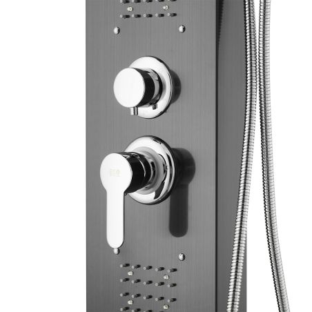 Panel dus, iluminare Led, 5 functii, Cascada, Ploaie tropicala, dus de mana, otel inoxidabil, Negru, Aurora
