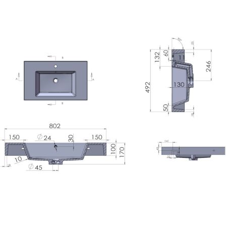 Lavoar Elsa, compozit mineral, montaj pe blat sau suspendat, Crem Mat, finisaj Ardezie, cu gaura de baterie, 80-100x 49.2-53 cm