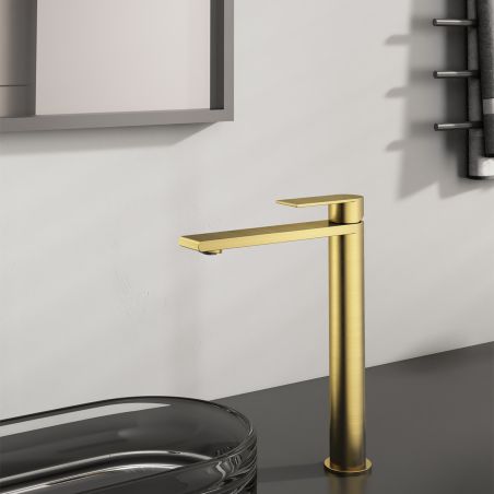 Baterie lavoar, Auriu Mat, Perlator, otel inoxidabil, montaj pe blat, Sereno