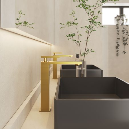 Baterie lavoar, Auriu Mat, Perlator, otel inoxidabil, montaj pe blat, Armonia