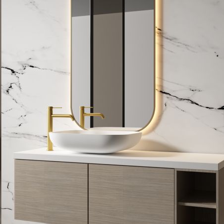 Baterie lavoar, Auriu Mat, Perlator, otel inoxidabil, montaj pe blat, Fino