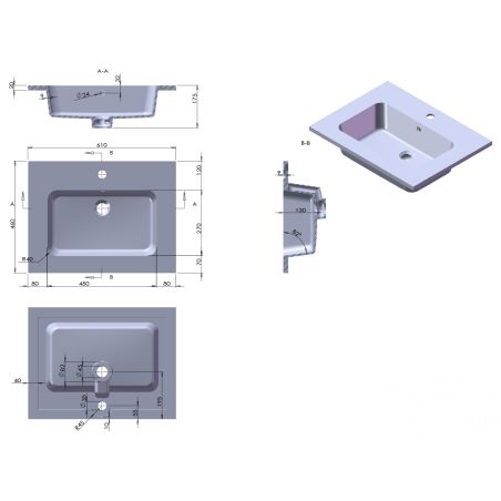 Lavoar, compozit mineral, montaj semi-incastrat, cu gaura de baterie, 61-91x46 cm, Cortina
