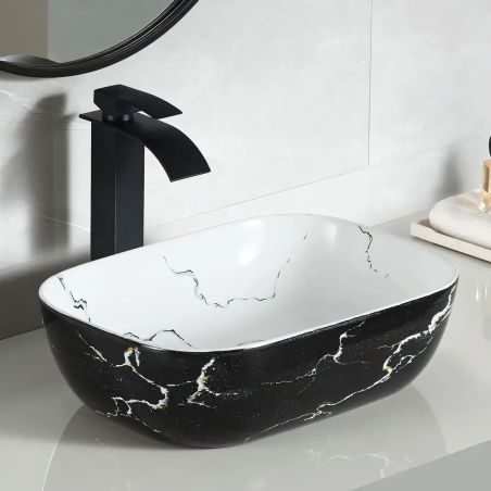 Lavoar, montaj pe blat, 46x33 cm, ceramica sanitara, Alb marble interior/Negru marble exterior, Nicoli