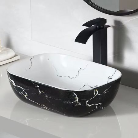 Lavoar, montaj pe blat, 46x33 cm, ceramica sanitara, Alb marble interior/Negru marble exterior, Nicoli