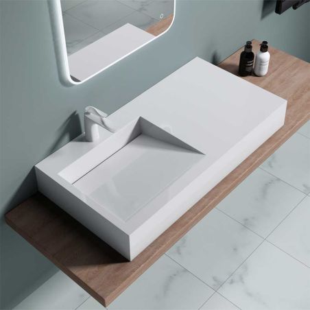 Lavoar EGO 11, Alb, lucios, 100x50cm, compozit marmura, montaj pe blat sau suspendat, scurgere ascunsa, cu gaura baterie