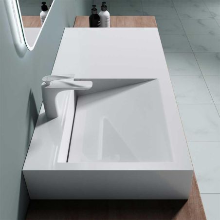 Lavoar EGO 11, Alb, lucios, 100x50cm, compozit marmura, montaj pe blat sau suspendat, scurgere ascunsa, cu gaura baterie