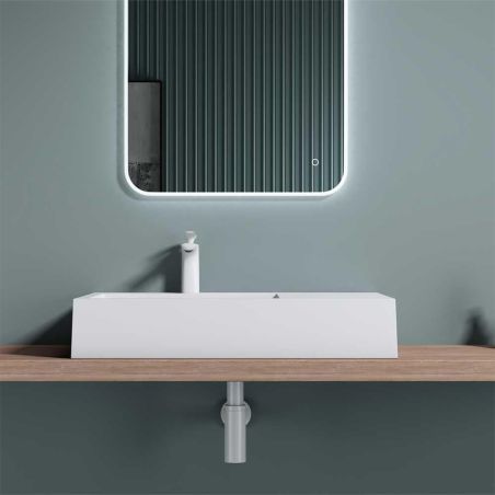 Lavoar EGO 11, Alb, lucios, 75x50 cm, compozit marmura, montaj pe blat sau suspendat, scurgere ascunsa, cu gaura baterie