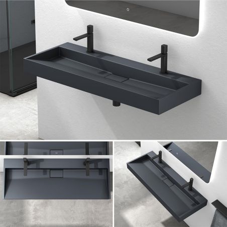 Lavoar Dublu EGO 19, Antracit, mat, 120 cm, compozit marmura, montaj suspendat sau pe blat, cu doua gauri de baterie