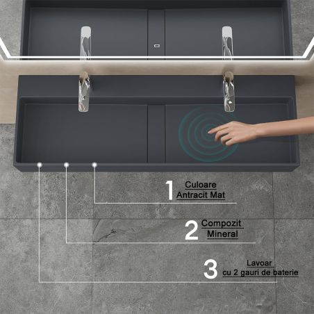 Lavoar dublu EGO 6028, scurgere ascunsa, Antracit Mat, compozit marmura, montaj suspendat sau pe blat, 120x40 cm