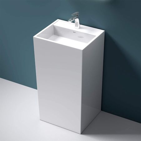Lavoar stativ EGO 34, Alb, lucios, 50x42x90 cm, montaj podea, compozit marmura, cu gaura baterie si preaplin