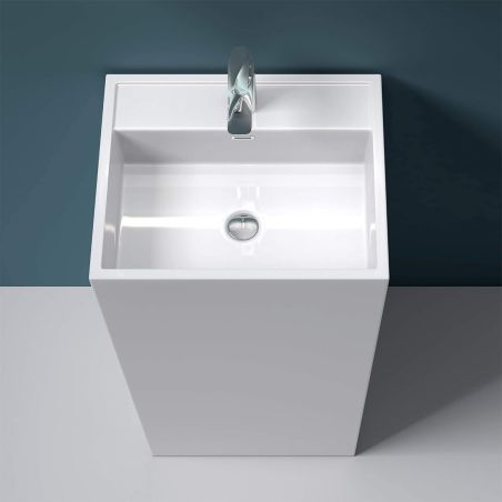 Lavoar stativ EGO 34, Alb, lucios, 50x42x90 cm, montaj podea, compozit marmura, cu gaura baterie si preaplin