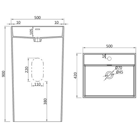 Lavoar stativ EGO 34, Alb, lucios, 50x42x90 cm, montaj podea, compozit marmura, cu gaura baterie si preaplin