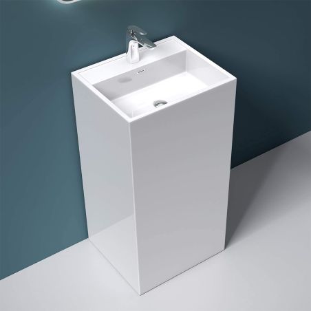 Lavoar stativ EGO 34, Alb, lucios, 50x42x90 cm, montaj podea, compozit marmura, cu gaura baterie si preaplin