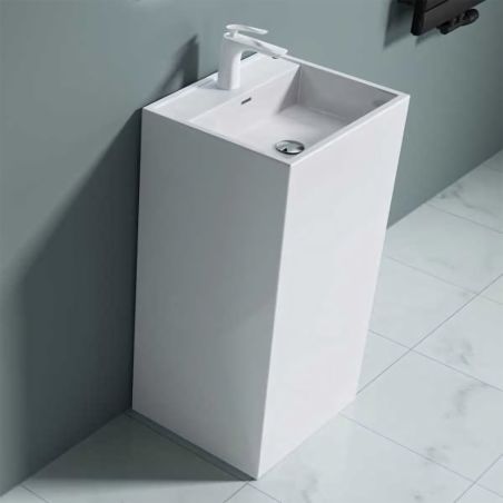 Lavoar stativ EGO 34, Alb, lucios, 50x42x90 cm, montaj podea, compozit marmura, cu gaura baterie si preaplin