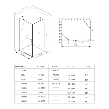 Cabina EGO-04, perete fix si usa batanta,sticla securizata 6 mm, dimensiuni la alegere