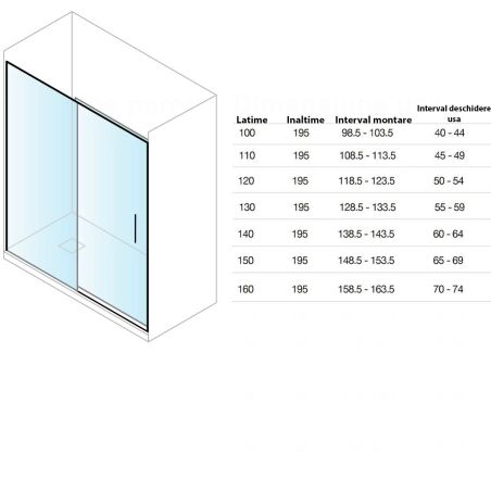 Usa de dus, glisanta, transparenta, sticla securizata de 6 mm, reversibila, dimensiuni intre 100-160 cm, profil Crom, Hanes