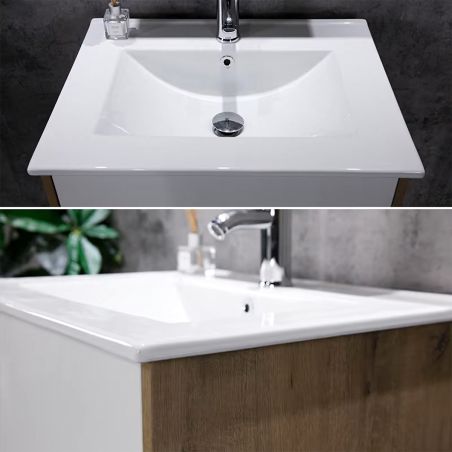 Mobilier de baie cu lavoar, Lemn stratificat, 80x46 cm, 2 sertare cu soft close, Alb Stejar, Costa