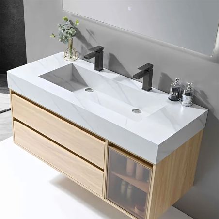 Mobilier de baie cu lavoar piatra sinterizata, 120x50 cm, Lemn stratificat, 2 sertare cu soft-close, Valencia