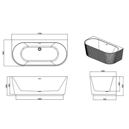 Cada de baie, freestanding, 170x80 cm, baterie si ventil inclus, Negru Mat interior/exterior, Acril, Eden