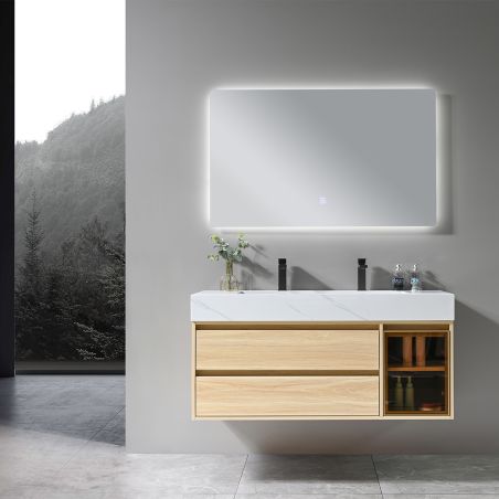 Mobilier de baie cu lavoar piatra sinterizata, 120x50 cm, Lemn stratificat, 2 sertare cu soft-close, Valencia