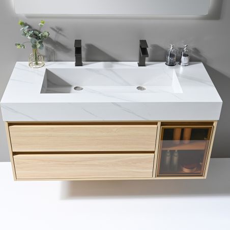 Mobilier de baie cu lavoar piatra sinterizata, 120x50 cm, Lemn stratificat, 2 sertare cu soft-close, Valencia