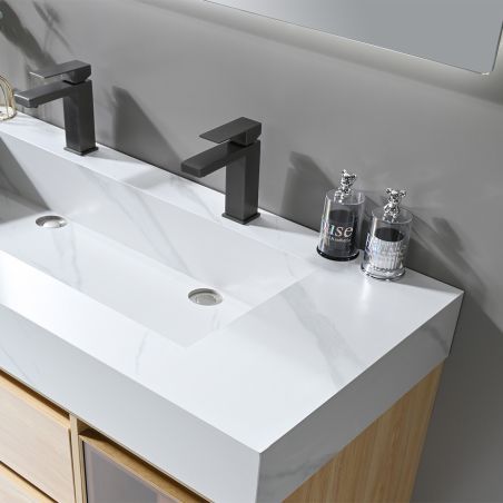 Mobilier de baie cu lavoar piatra sinterizata, 120x50 cm, Lemn stratificat, 2 sertare cu soft-close, Valencia