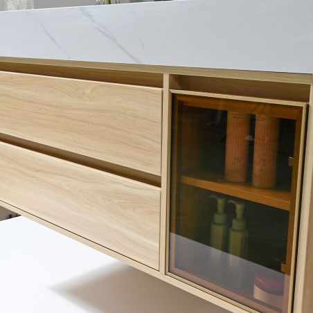 Mobilier de baie cu lavoar piatra sinterizata, 120x50 cm, Lemn stratificat, 2 sertare cu soft-close, Valencia