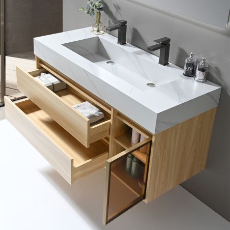Mobilier de baie cu lavoar piatra sinterizata, 120x48 cm, Lemn stratificat, 2 sertare cu soft-close, Valencia