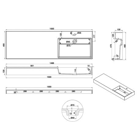 Lavoar, Antracit Mat, 150x48 cm, compozit marmura, montaj pe blat sau suspendat, scurgere mascata, EGO 12R
