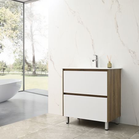 Mobilier de baie cu lavoar, Lemn stratificat, 80x46 cm, 2 sertare cu soft close, Alb Stejar, Costa
