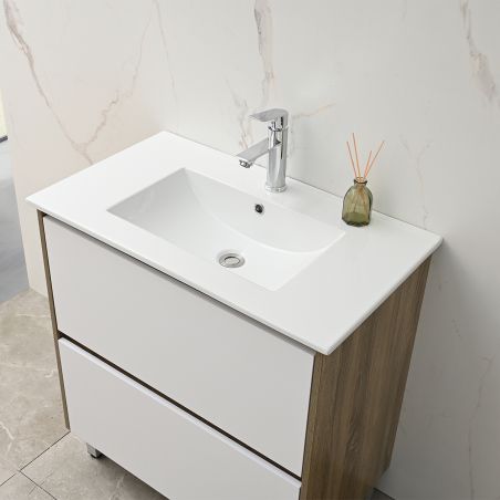 Mobilier de baie cu lavoar, Lemn stratificat, 80x46 cm, 2 sertare cu soft close, Alb Stejar, Costa