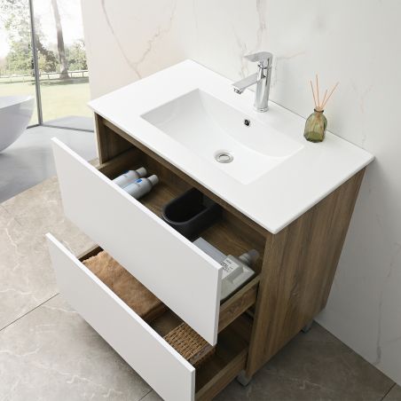 Mobilier de baie cu lavoar, Lemn stratificat, 80x46 cm, 2 sertare cu soft close, Alb Stejar, Costa